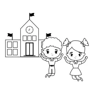 Cute little students in front of school Ilustración de archivo