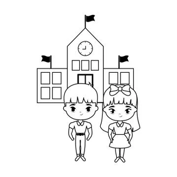 Cute little students in front of school Ilustración de archivo