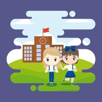 Cute little students front of school building Ilustración de archivo