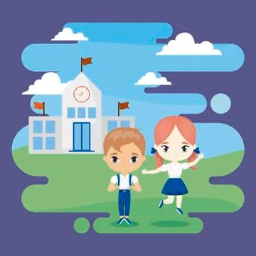 Cute little students front of school building Ilustración de archivo
