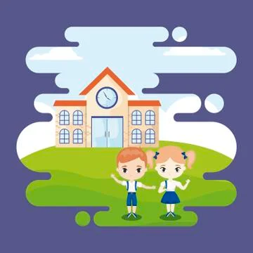Cute little students front of school building Ilustración de archivo
