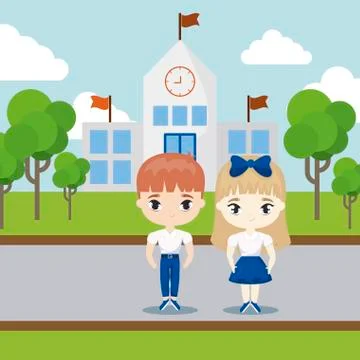 Cute little students front of school building Ilustración de archivo