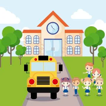 Cute little students front of school building with bus transportation Ilustración de archivo