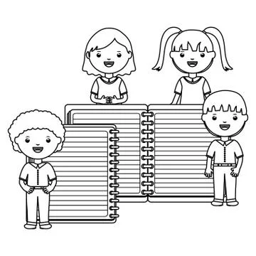 Cute little students group with notebook and sheets Stock Illustration