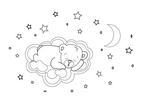 Cute little teddy bear on a cloud in the starry sky with the moon coloring pages Stock Illustration