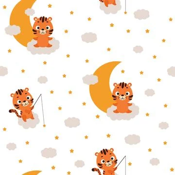 Cute little tiger sitting on cloud and fishing star seamless childish patte.. Stock Illustration