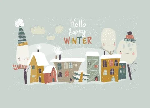 Cute little town covered snow. Hello winter Stock Illustration