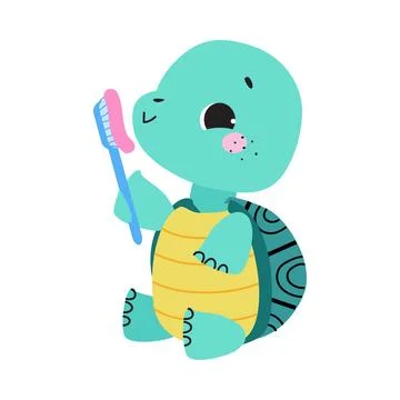 Cute Little Turtle Character Brushing Teeth with Toothbrush as Hygiene Vector Stock Illustration