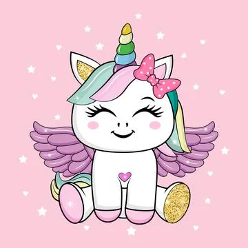 Cute little unicorn with wings and gold glitter elements. Stock Illustration