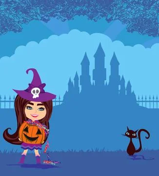 Cute little witch with candy and cat Stock Illustration