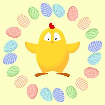 Cute little yellow chicken in a wreath of easter eggs Stock Illustration