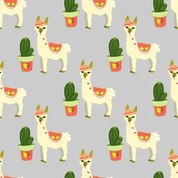 Cute Llama And Cactus Vector Repeatable Pattern On Grey Stock Illustration