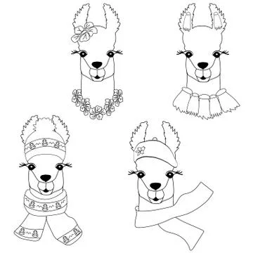 Cute llama in different styles. Cute black-white Llama for coloring, childish 스톡 일러스트
