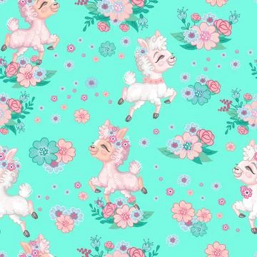 Cute llama on a mint color background seamless pattern Stock Illustration