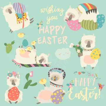 Cute llama or alpaca with Easter eggs Stock Illustration