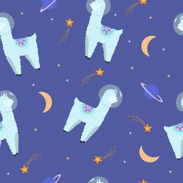 Cute llama in space seamless pattern. Design for textile, wrapping, wallpaper Stock Illustration