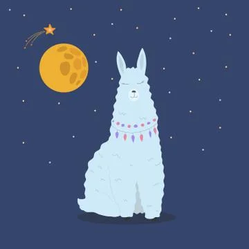Cute llama on starry background vector illustration. Hand drawn alpaca and ni Stock Illustration