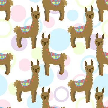 Cute Llama Vector Repeating Pattern On A Multicolor Dotted Background Stock Illustration