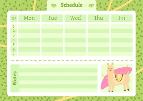 Cute Llama Weekly Schedule Planner for Kids Cartoon Template Stock Illustration