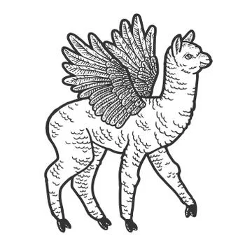 Cute llama with wings. Scratch board imitation. Black and white hand drawn image Stock Illustration