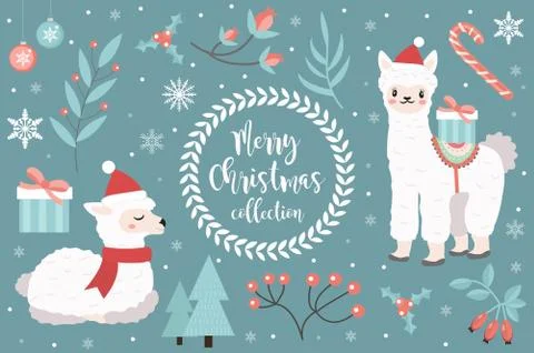 Cute llama in the winter forest set of objects. Collection of design elements Illustrazione stock