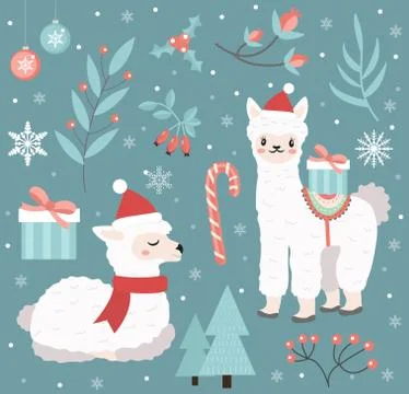 Cute llama in the winter forest set of objects. Collection of design elements 스톡 일러스트