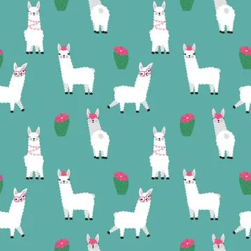 Cute llamas with cactus pattern isolated vector illustration. Funny animals p Stock Illustration