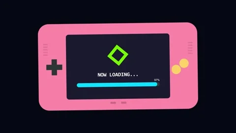 Cute loading. Pink handheld gaming console with loading progress bar on screen Stock Footage 342588926