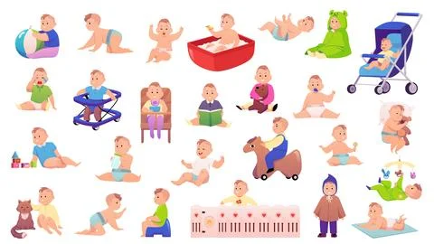 Cute lovely babies development scenes vector set, first year child activity Stock Illustration
