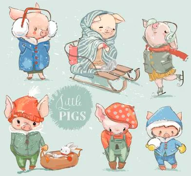 Cute lovely cartoon pigs vector clipart collection Stock Illustration