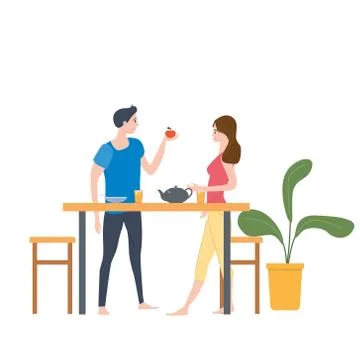 Cute loving couple at table, drinking tea or coffee and eating together at home イラスト素材