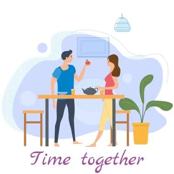 Cute loving couple at table, drinking tea or coffee and eating together at home イラスト素材