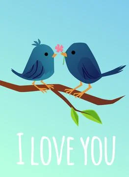 Cute loving spring birds chirping on tree, flat cartoon vector illustration. Stock Illustration