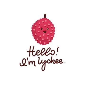 Cute lychee character with saying - Hello I'm lychee - isolated on white. Car Illustrazione stock