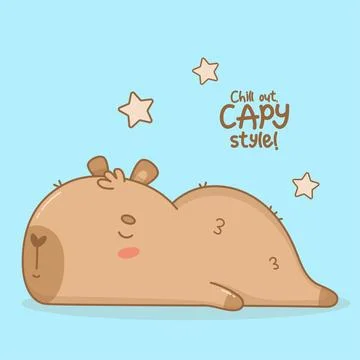 Cute lying sleeping Capybara. Funny cartoon kawaii character. Vector illust.. Stock Illustration