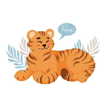 Cute lying tiger growls roar childrens vector illustration in cartoon style. Stock Illustration