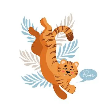 Cute lying tiger growls roar childrens vector illustration in cartoon style. Stock Illustration