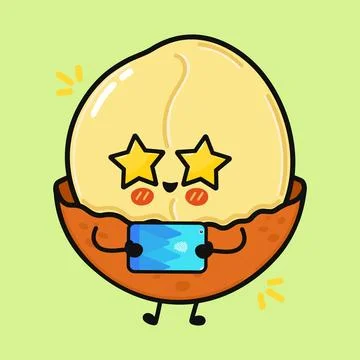 Cute macadamia nut character using smartphone with star eyes Stock Illustration