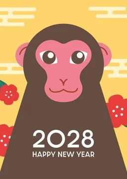 Cute macaque monkey portrait on floral background イラスト素材