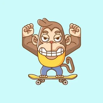 Cute mad monkey Playing Skateboard animal kawaii chibi character mascot Stock Illustration