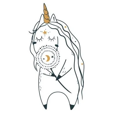 Cute magic celestial unicorn in doodle style. Vector illustration. Illustrazione stock