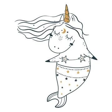 Cute magic celestial unicorn in doodle style. Vector illustration. 스톡 일러스트