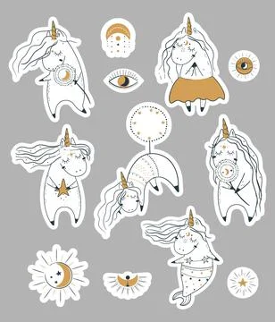 Cute magic celestial unicorn sticker pack. Vector stock illustration. Stock Illustration