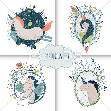 Cute magic collection with princess, unicorn, rainbow, dragon, f Stock Illustration