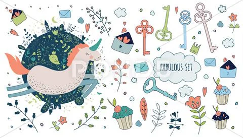 Cute magic collection with princess, unicorn, rainbow, dragon, f Stock Illustration