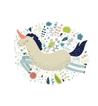 Cute magic collection with unicorn, rainbow, fairy wings. Dream Stock Illustration