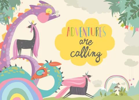 Cute magic frame composed of unicorns and dragons Stock Illustration