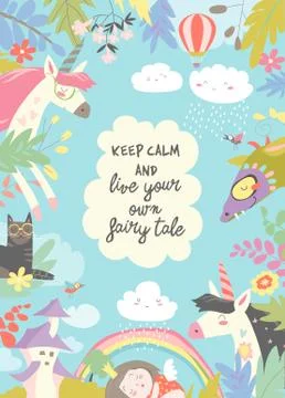 Cute magic frame composed of unicorns,dragon,princess and flowers Stock Illustration