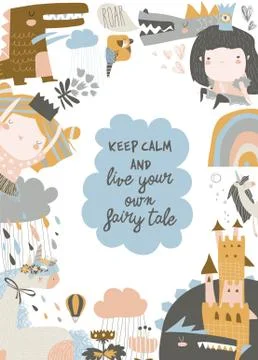 Cute magic frame composed of unicorns,dragon,princess and flowers Stock Illustration