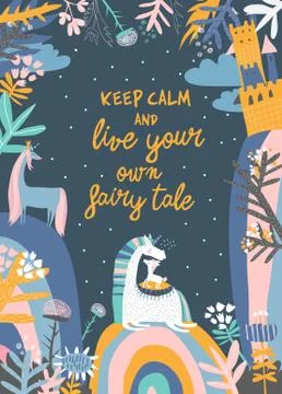 Cute magic frame composed of unicorns,rainbow and flowers Stock Illustration